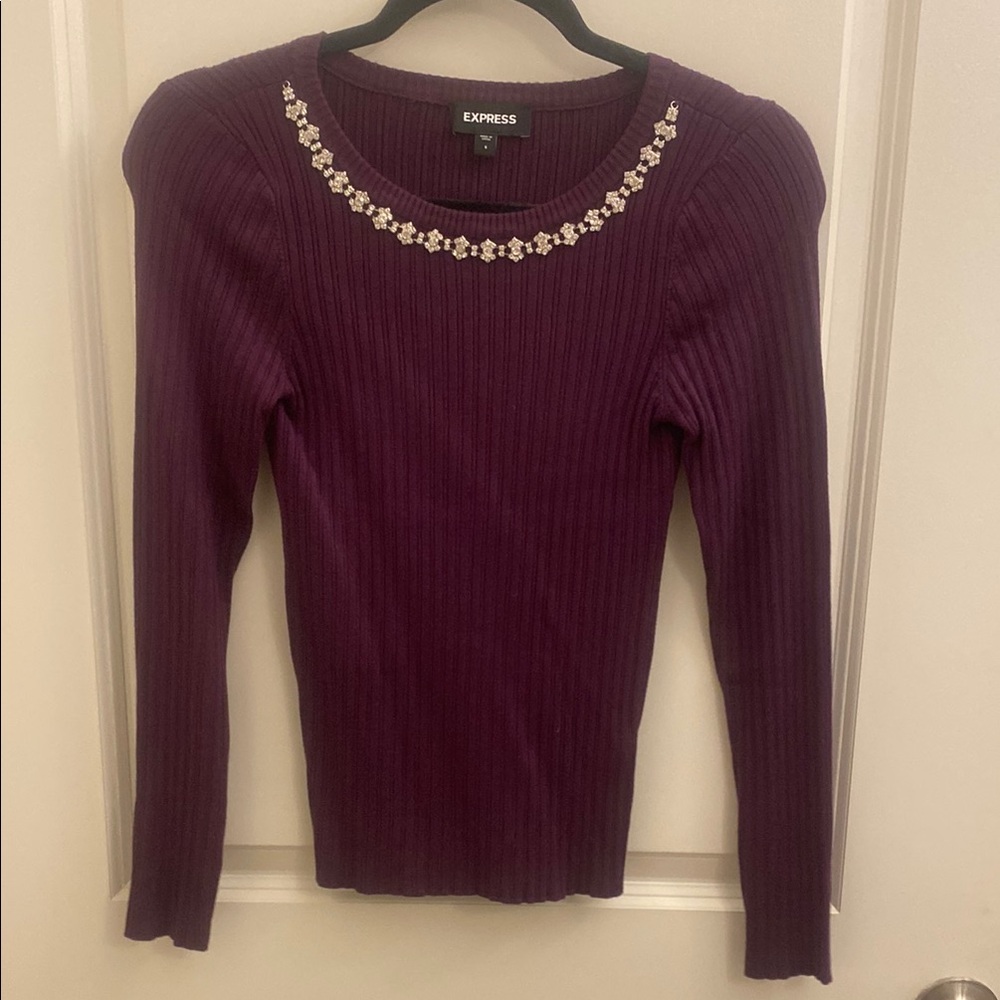 Express Purple Long Sleeve Ribbed Embellished Blouse